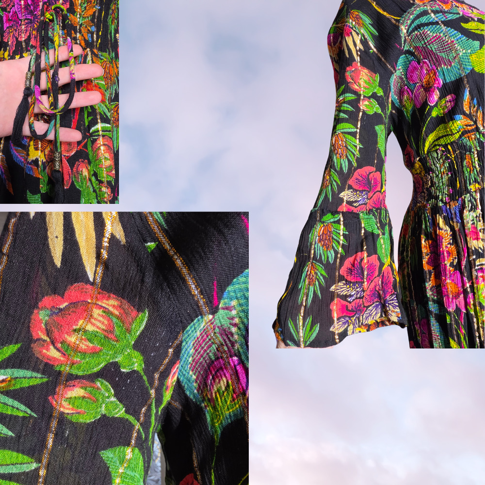 Me 2 Magic Black Floral Metallic Gold Viscose Boho Bell Sleeve Maxi Dress Size L - Picture 5 of 7